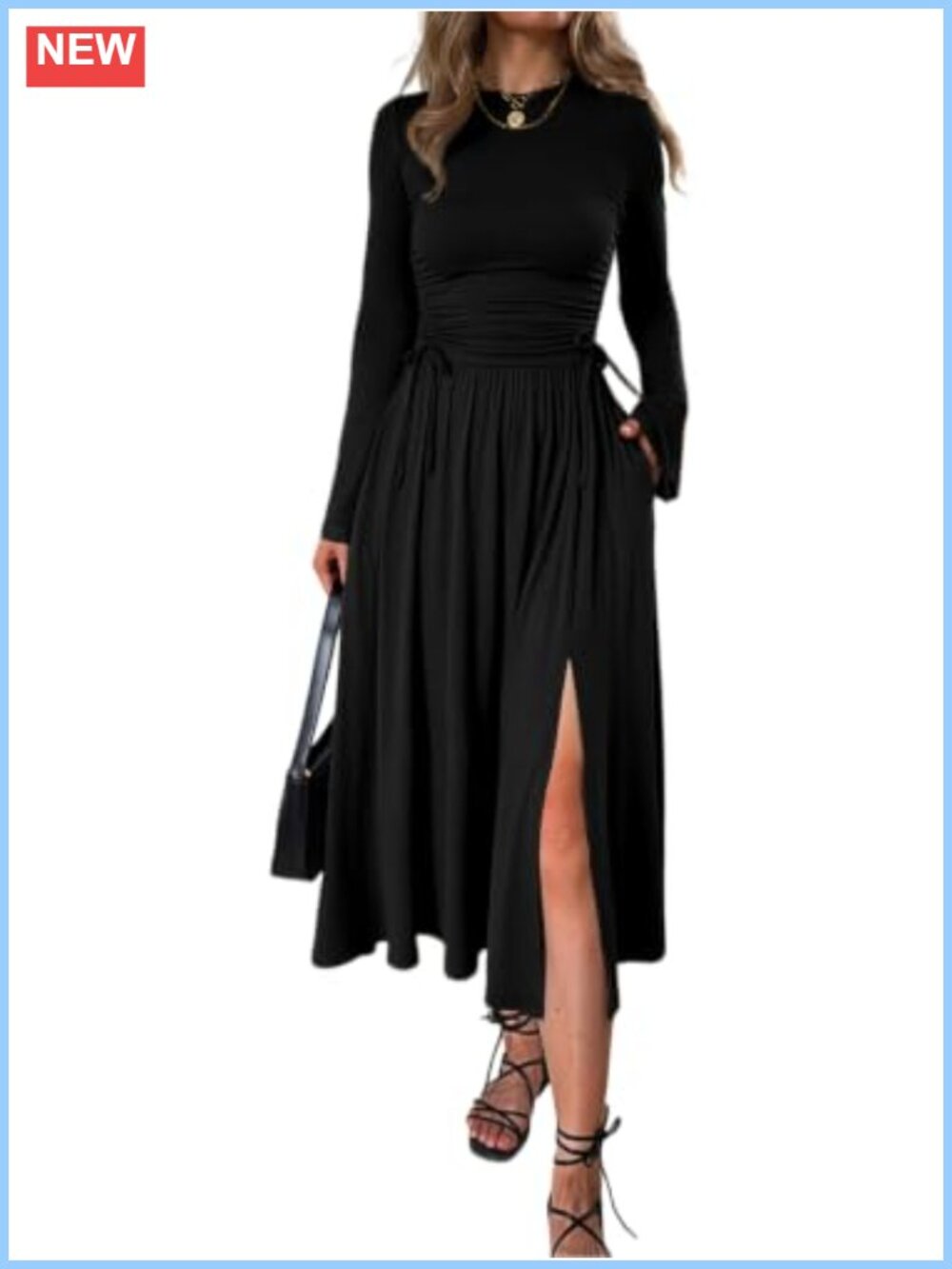 Womens Long Sleeve Ruched Midi Dress A Line with Pockets